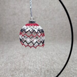 Handmade Beaded Christmas Ornament Clear Ball Red White Blue Netting Hanger
